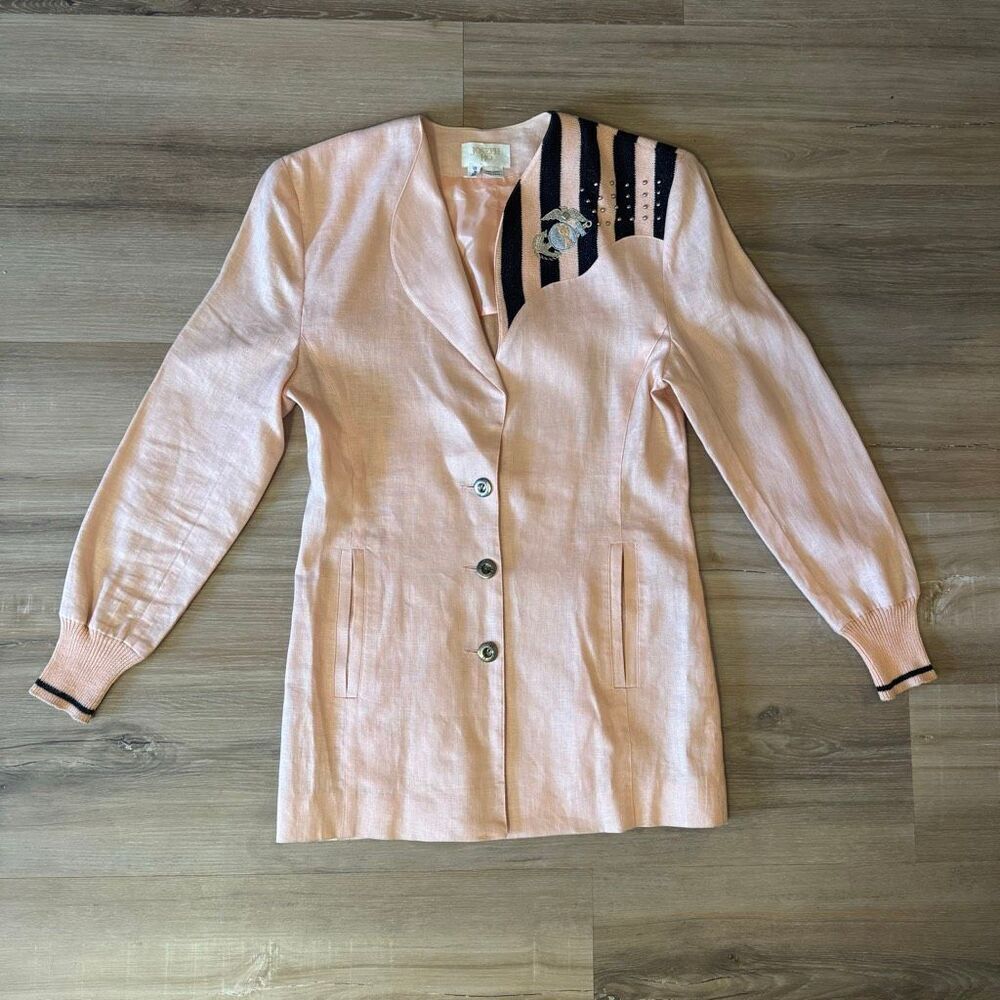 Vintage Joseph Ho Women's Size 8 Nautical Anchor Embellished Linen Blazer Jacket